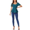 thumbnail image 2 of TOP PEPLUM CON VOLANTES PARA MUJER INSPIRADO CHIC CUELLO CORAZÓN MANGA PUFF BLUSA ELEGANTE S AZUL VERDE, 2 of 6