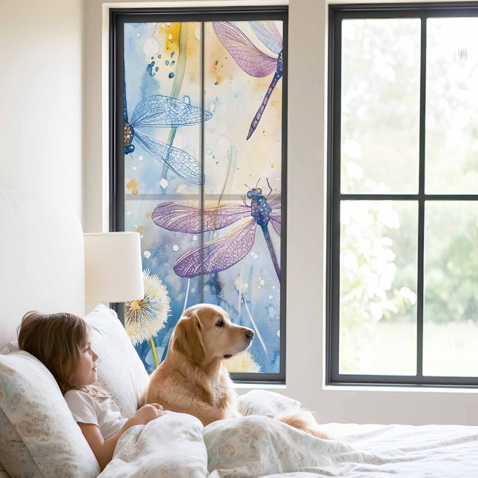Dragonfly Flowers Window Privacy Film, Blue Purple Watercolor Spring Plant Static Cling UV Sun Blocking Heat Control Window Tint Day and Night, Non-Adhesive One Way Windows Privacy Cover 23.6''x59''