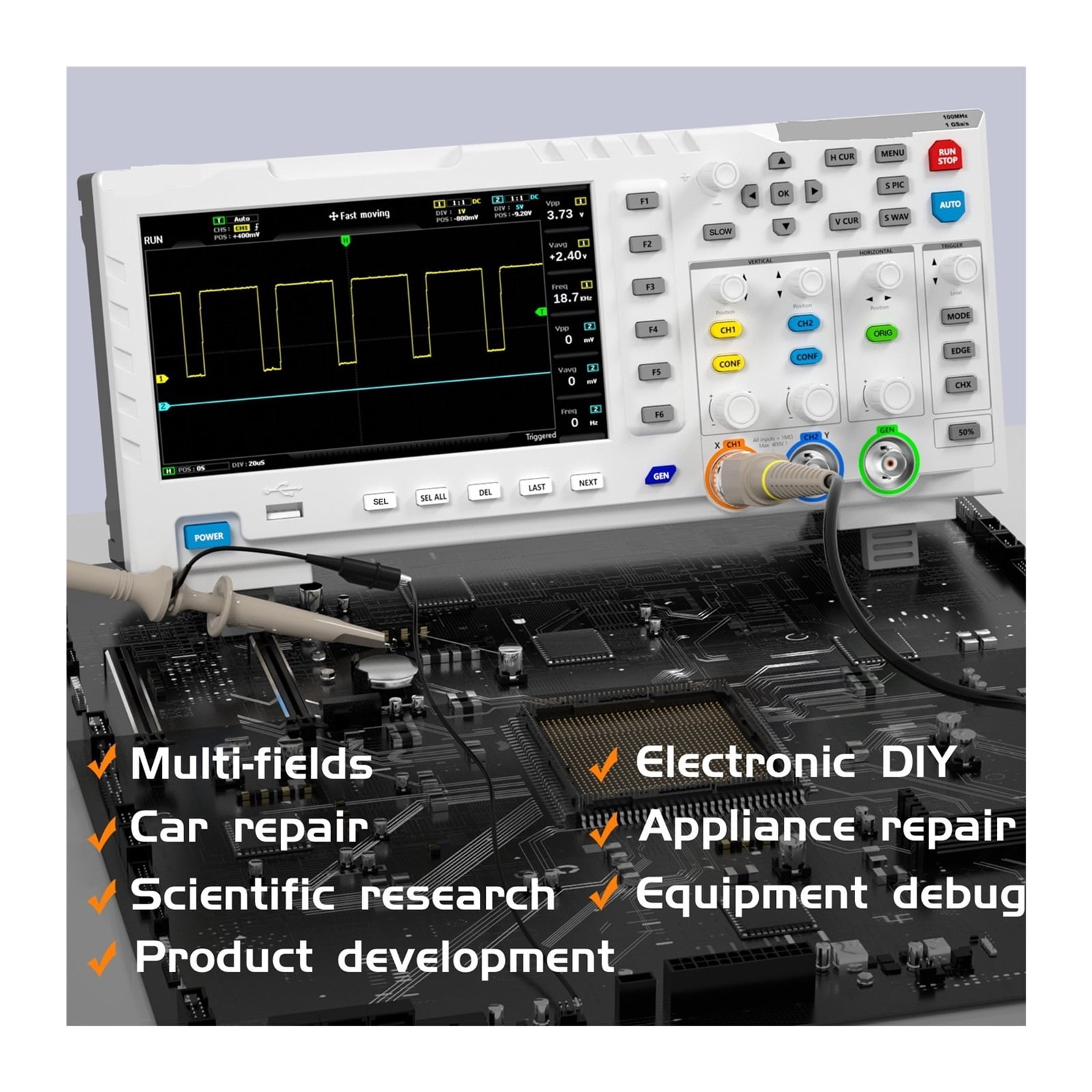 1014D Desktop Oscilloscope 100MHZ*2 1GS/s 2 In 1 Dual Channel Digital Oscilloscope 10MHZ Signal Generator ,Professional Designed