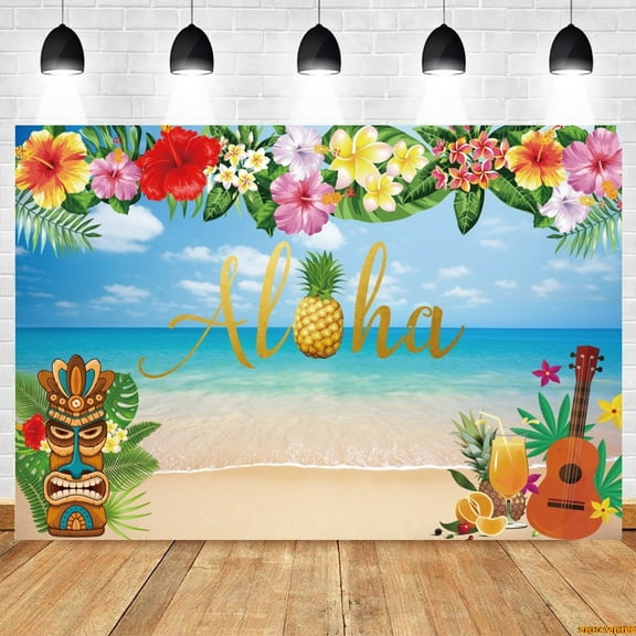 Hawaii Summer Seaside Beach Backdrop Tropical Flower Palm Tree Flamingo Surfboard Aloha Birthday Party Photography Background