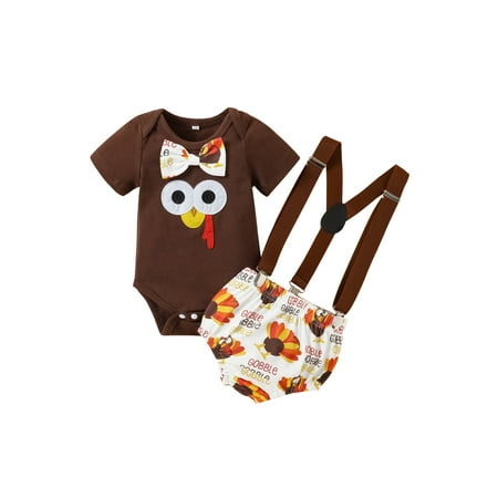 

Genuiskids 2Pcs Infant Baby Thanksgiving Day Shorts Outfits Short Sleeve Bow-Knot Decor Round Neck Romper Tops Turkey Printed Suspenders Short Pants Set