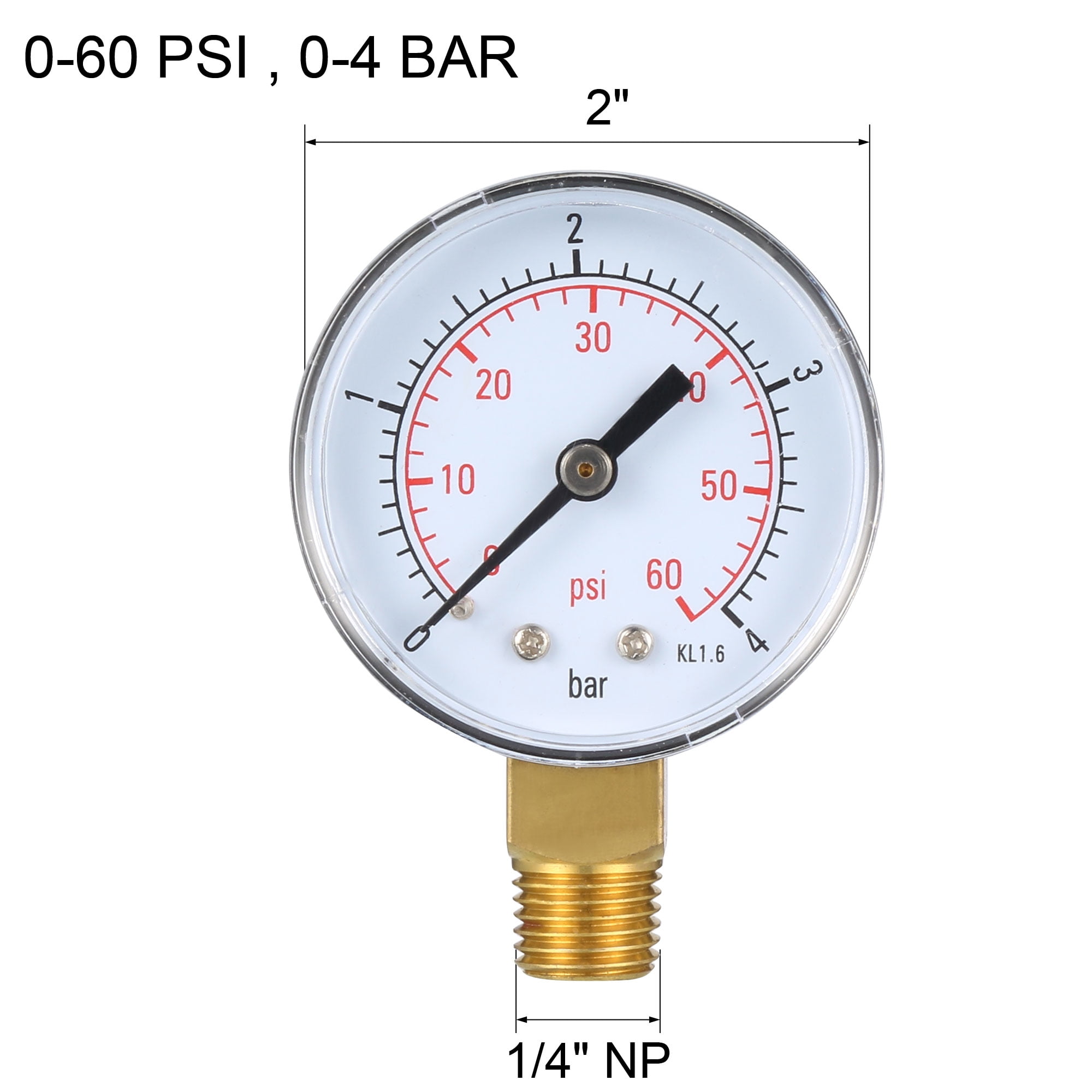 Pressure Gauge , 060 PSI/04 BAR Dual Scale , 2" Dial Display , 1/4