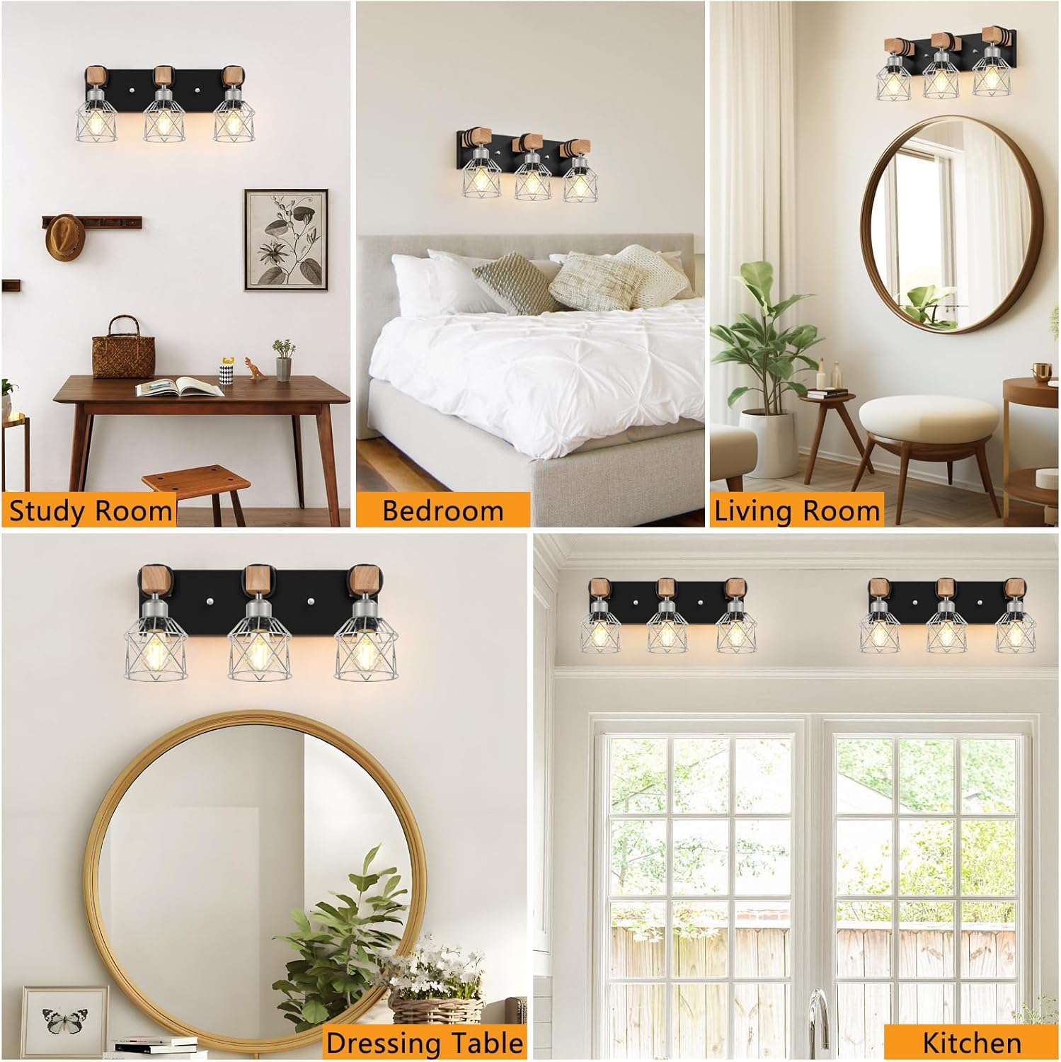 3-Light Wood Bathroom Light Fixtures Over Mirror, Rustic Black Silver Famhourse Sconces Wall Decor with Elegant Metal Lampshade for Living Room, Bedroom, Porch