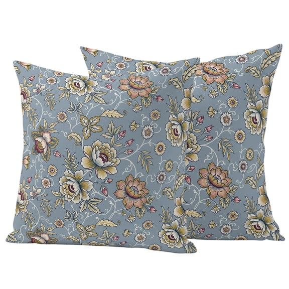 Damask Florals Outdoor Waterproof Pillow Covers, Vintage Vines Daisy Leaves Plants Grey Blue Decorative Square Throw Pillowcase Sofa Cushion Sham for Patio/Couch/Chair, 18"x18" 2 Pack