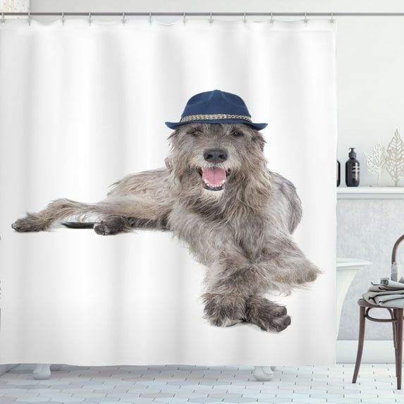 Ambesonne Irish Wolfhound Shower Curtain, Dog in a Hat Image, 69"Wx75"L, White and Warm Taupe