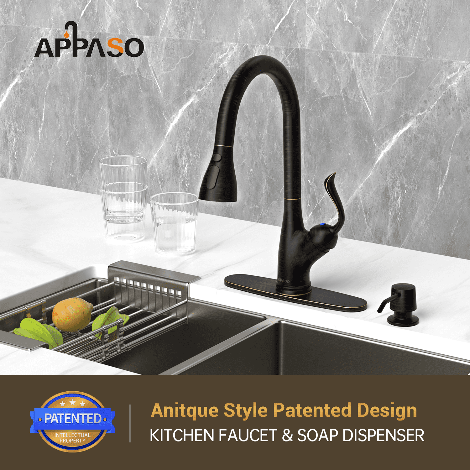 APPASO Patented Pull Down Kitchen Faucet with Sprayer Oil Rubbed Bronze-Single Handle One Hole High Arc Pull out Kitchen Sink Faucets with Soap Dispenser 149ORB