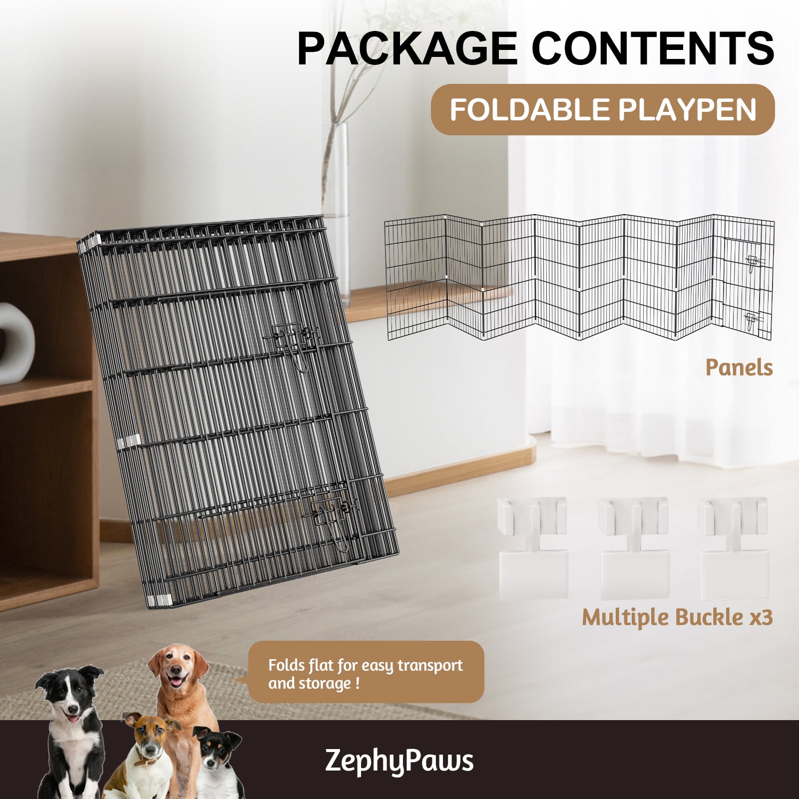 Zephypaws 8-Panel 30" High Dog Playpen with Lockable Door, Foldable Pet Fence Exercise Pen for Small to Medium Dogs, Portable Metal Wire Puppy Playpen for Indoor and Outdoor Use