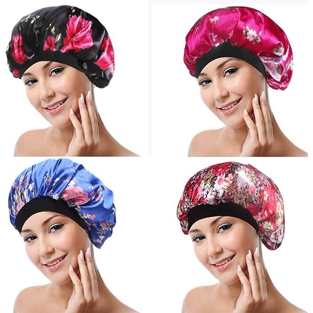 Paquete de 4 gorros de dormir de satén suave, gorro de salón de banda ancha, gorro de noche de seda para dormir, gorro para la caída del cabello para mujeres, 4 estilos