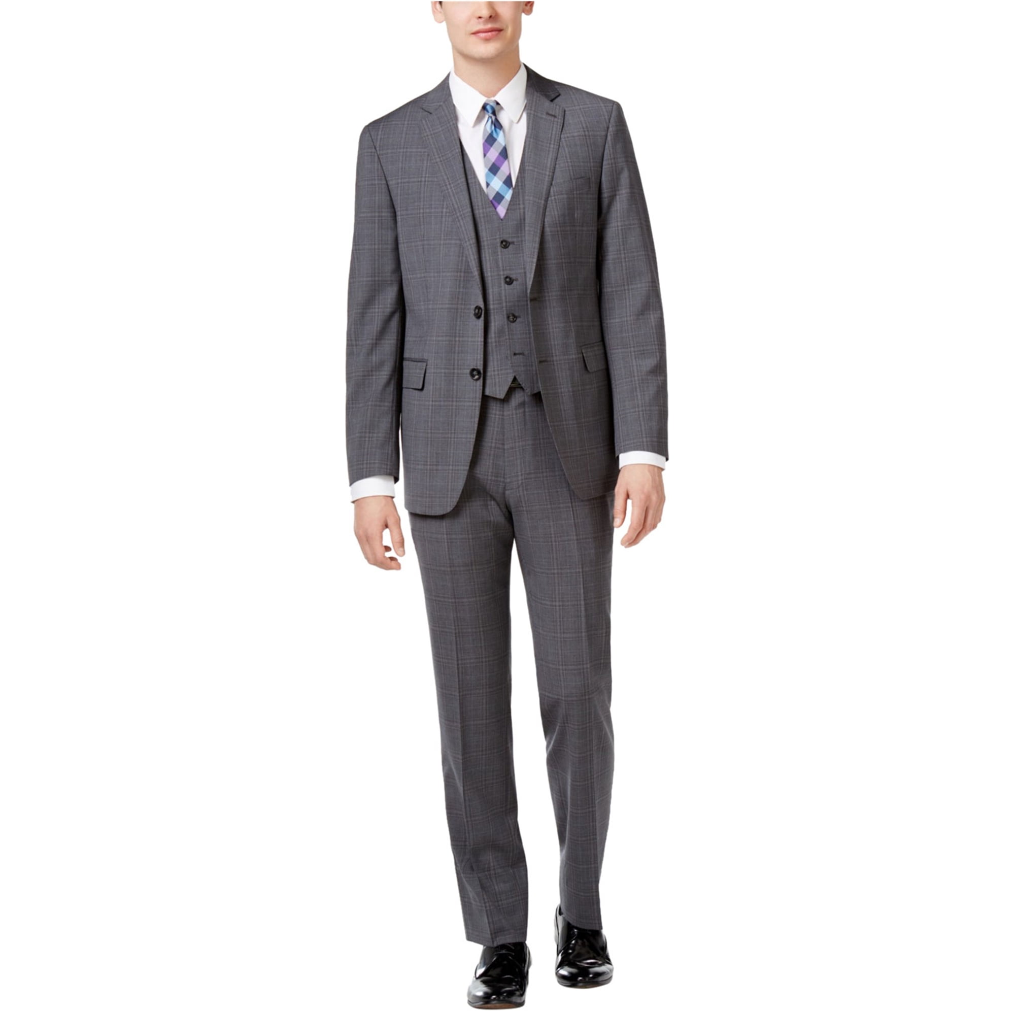 Calvin Klein Mens Plaid Windowpane Two Button Formal Suit grey 42 ...