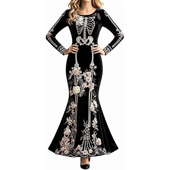 Women Skeleton Dress, Long Sleeve Gothic 3D Digital Print Maxi, Halloween Dresses Velvet Floral Costume Cosplay