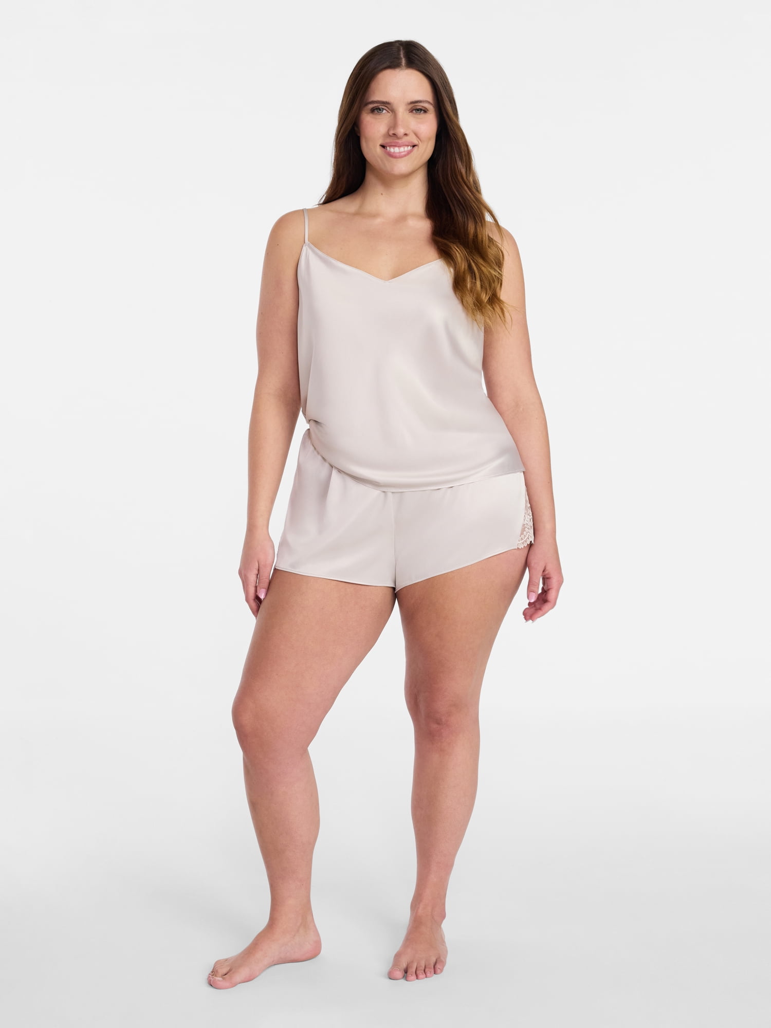 Joyspun Women’s Lace Trim Satin Cami and Shorts Set, Sizes S-3X