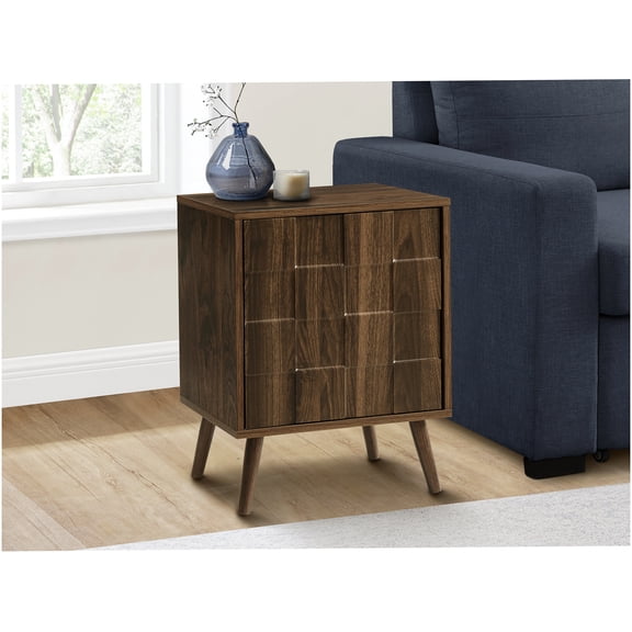 Modern Walnut Finish Accent Table with Storage Cabinet, Mid-Century End Table for Living Room, Bedroom