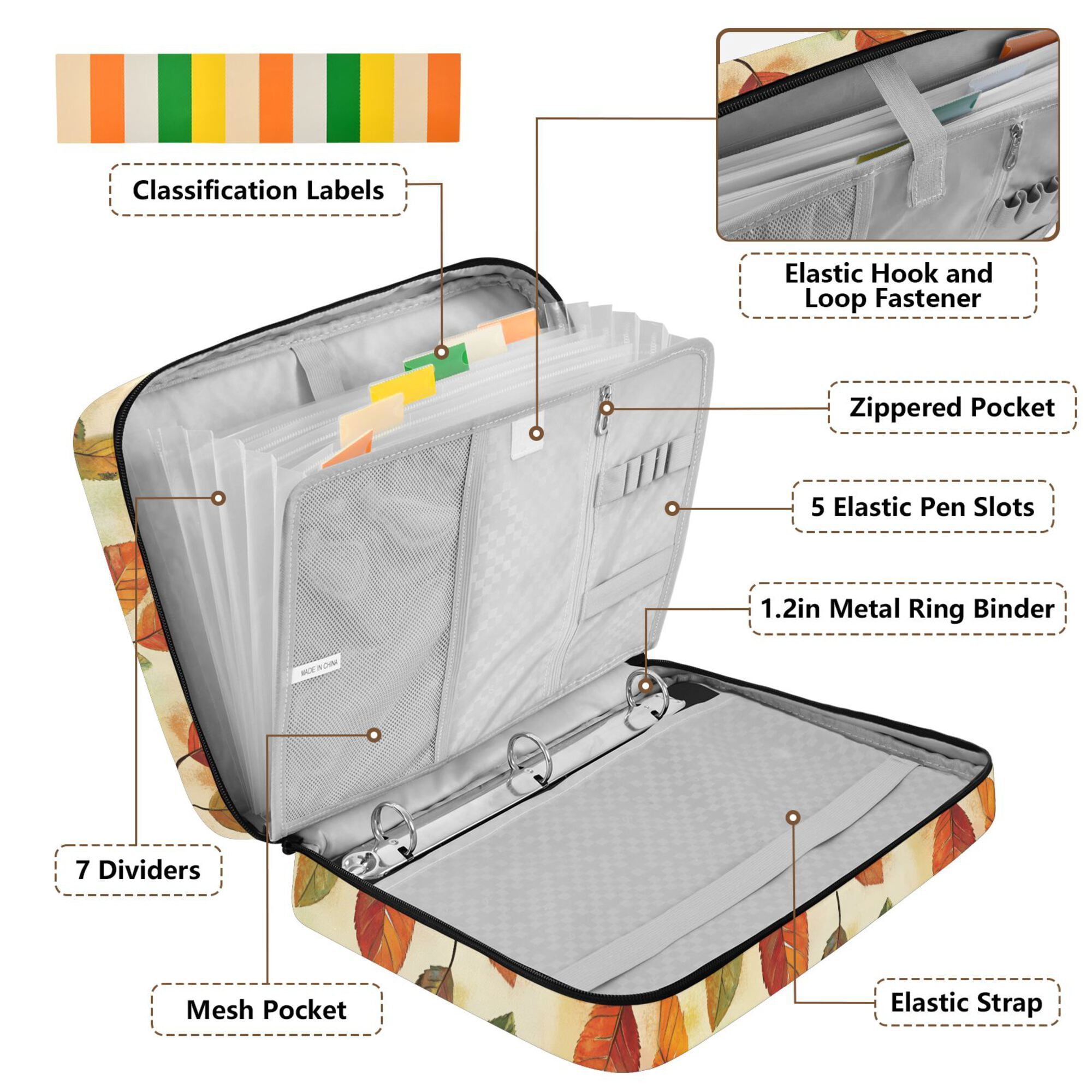FORMRS Accordion File Folder A4 Size 7-Pocket Expanding Document Organizer Bag with 3 Ring Binder, Beige Leaves