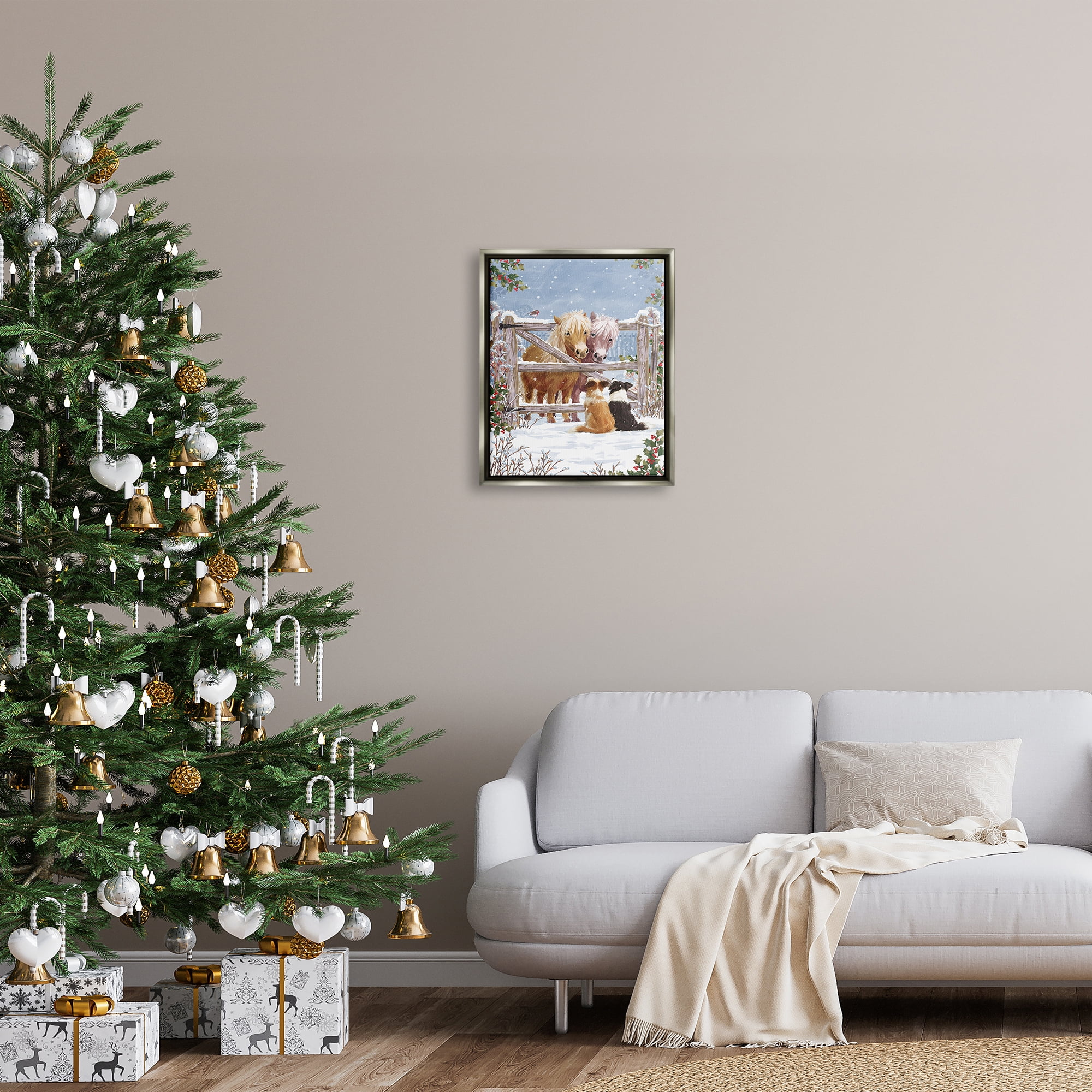 Stupell Industries Ponies & Dogs Winter Farm Scene Holiday Painting Gray Floater Framed Art Print Wall Art