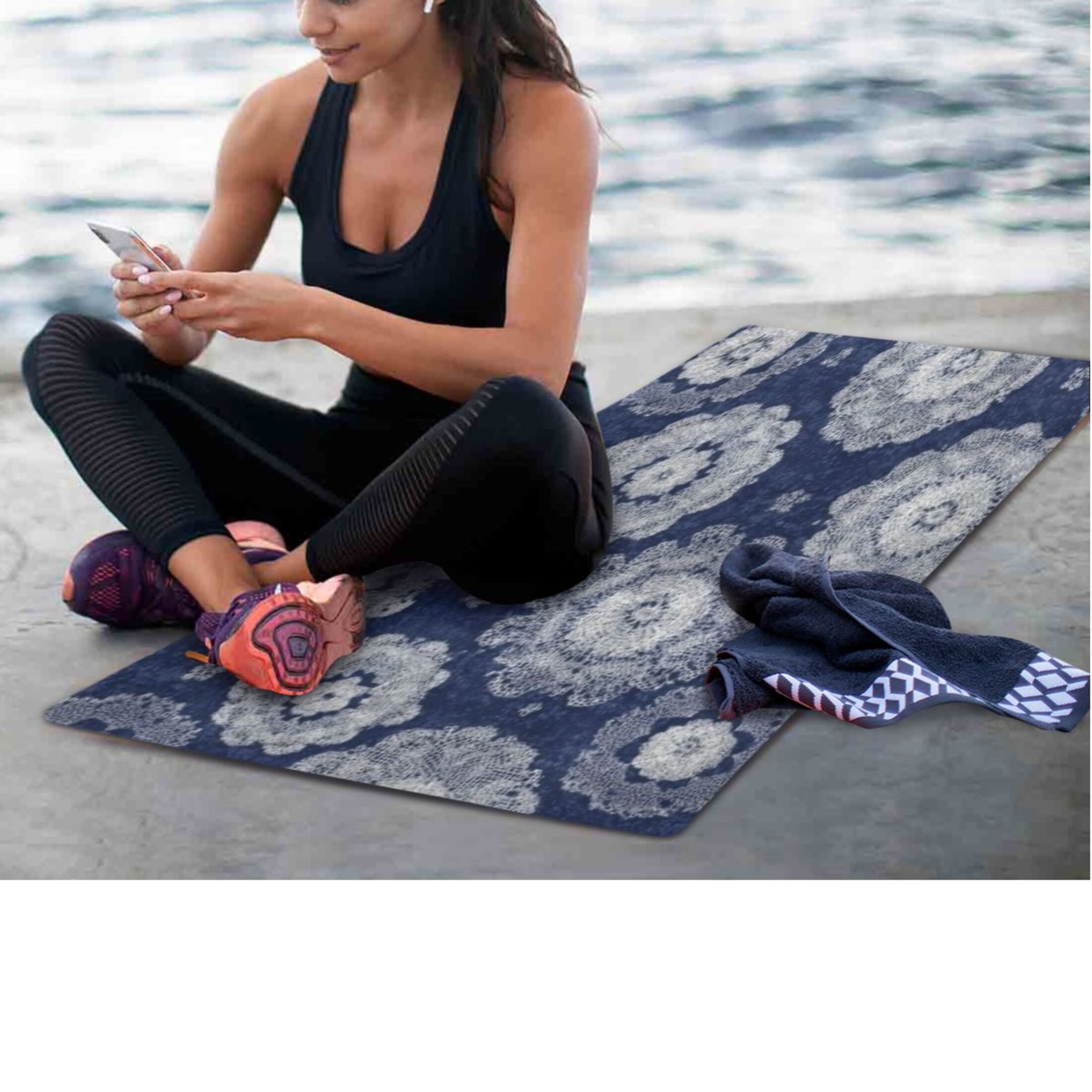 BZSMCE Yoga Mat Women Fitness Mat Navy Intricate Floral Pattern