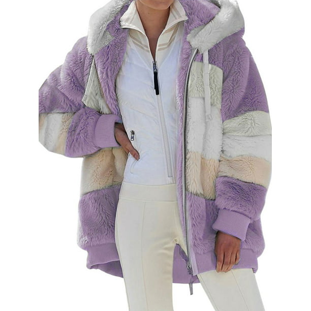 UKAP Women Fuzzy Fleece Coat Casual Color Block Zipper Pocketed Sherpa ...