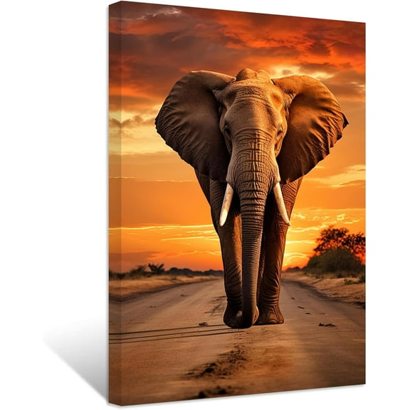 ZHONGYUTONG Elephant Canvas Wall Art African Wild Animal Painting Prints Sunset Forest Elephant Pictures Office Wall Decor Framed (12.00" x 18.00")