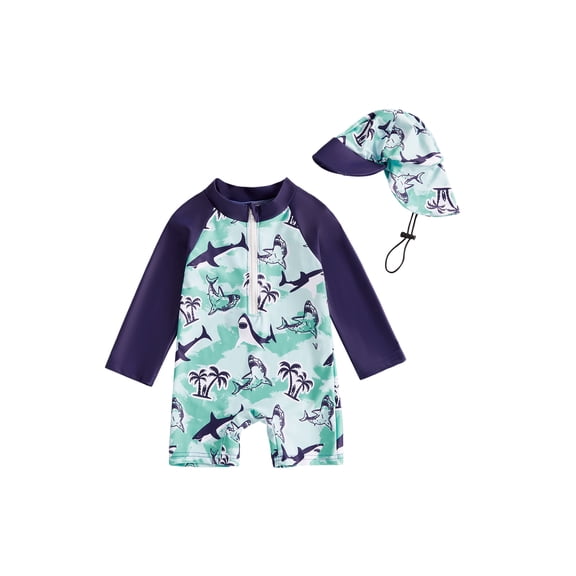 BemeyourBBs Toddler Baby Boy Girl One Piece Swimsuit Kids Infant Bathing Suit Long Sleeve Rash Guard Half Zipper Shark Swimwear Sunhat Set UPF 50