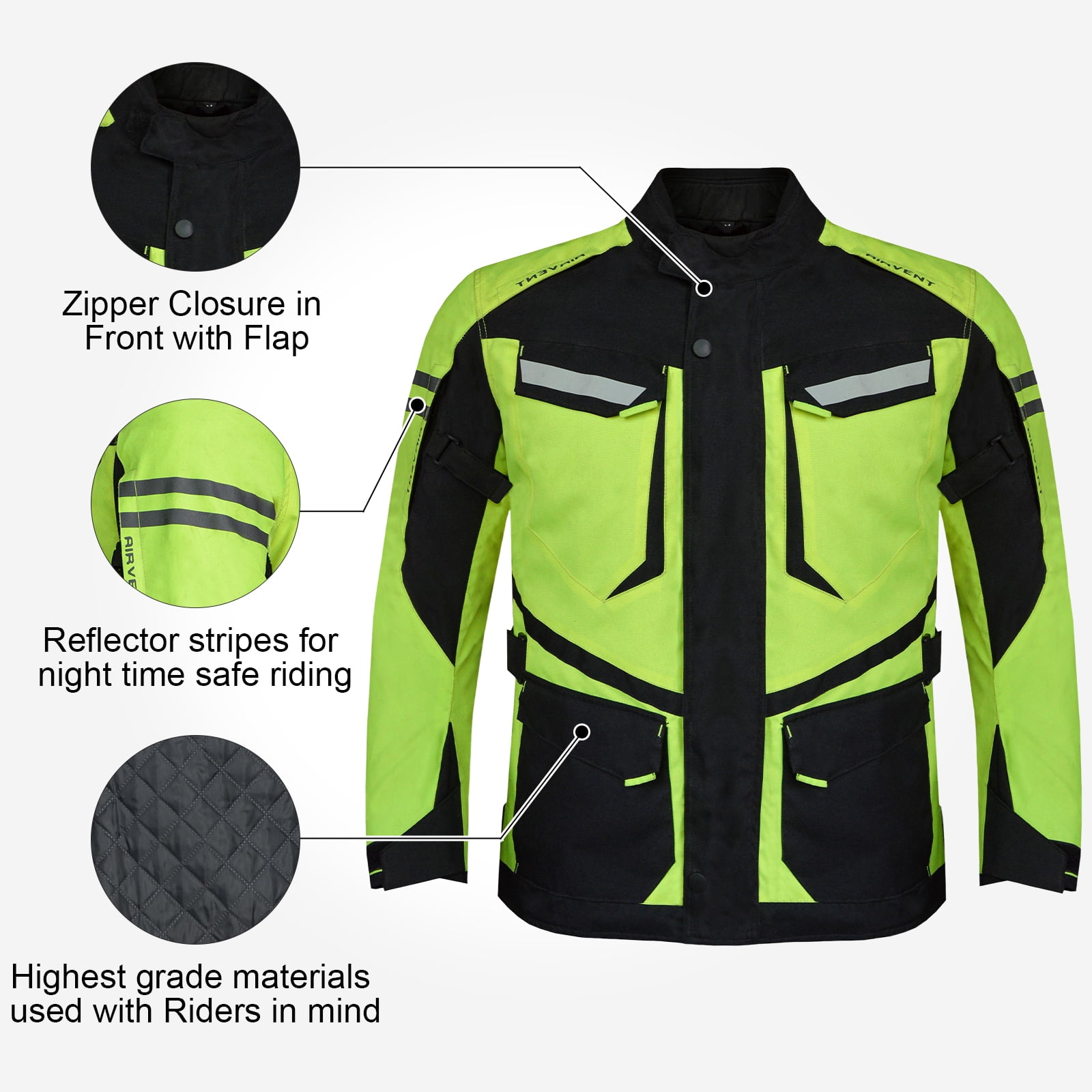 Dream Apparel Mens Motorcycle jacket Black, Armored Protective Round Neck & Air Vents