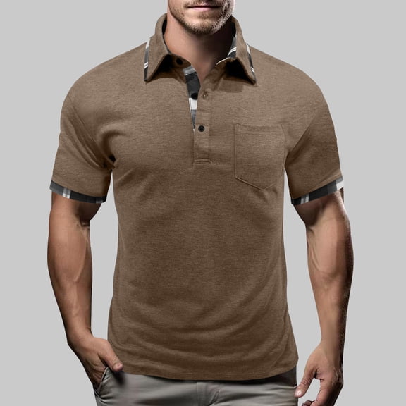 Golf Shirts for Men with Pocket Plaid Printed Short Sleeve T-Shirts Mens Casual Pullover Button Collared Breathable Basic Athletic Workout Tees Tops