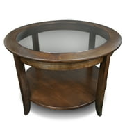 Leick Home 10037 Round Glass Top Coffee Table with Shelf, Chocolate Oak