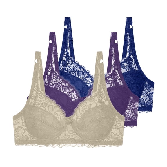 Fatuov Lace Underwire Bras for Women Full Coverage Solid Color Push Up Breathable Daily Bra for Work, Supportive Lightly Lined Bra 3-Pack, 44C, Khaki