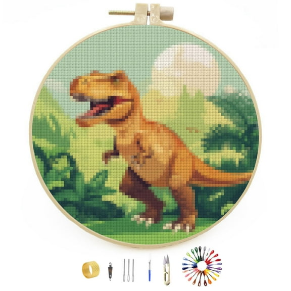 Cartoon Orange Dinosaur Easy Stamped Cross Stitch Kits for Beginners with Hoop Simple Patterns 11CT Counted Embroidery Needlepoint Crafts Arts for DIY Enthusiasts and Home Decor 26x26cm(2)