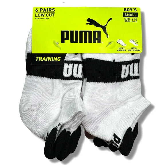 PUMA SOCKS BOYS X6 - LOW CUT 253 - EDGE WHITE BLACK - SMALL SHOE 4-8.5 6 PACK