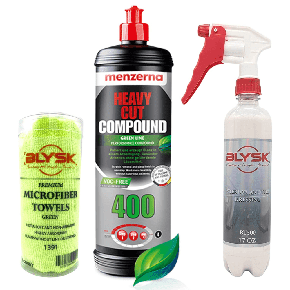 Blysk Car Care Detailing and Polishing Compounds Kit. 400 Heavy Cut Compound, Interior and Tire
