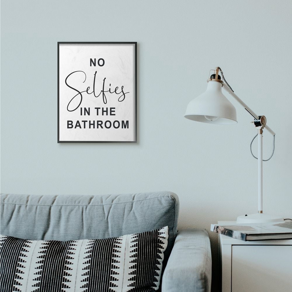 Stupell Industries No Selfies Funny Word Bathroom Black And White Design Framed Giclee Texturized Art by Lettered and Lined