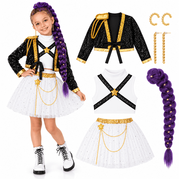 6-Piece Pop Singer Stage Cosplay Costume for Girls, Fancy-Dress with Purple Braid Wig, Sequin Military Cropped Jacket, Star Top & Tulle Skirt Outfit for Kids Halloween Party