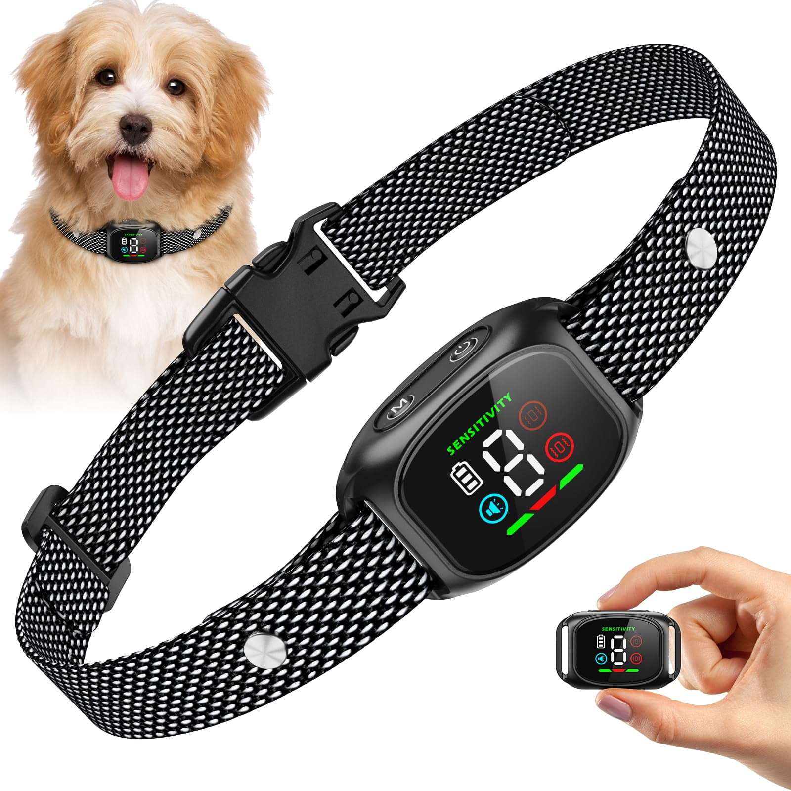 NexTone NoShock AntiBark Collar for Small Medium Dogs 4 Modes 8Sensitivity IP67 Waterproof Rechargeable Magnetic Charging Bark Collar