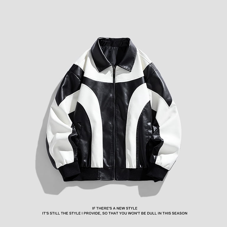 HOOMEUMY Mens Patchwork Faux Leather Jacket Casual Workout Drop HOOMEUMY Mens Patchwork Faux Leather Jacket Casual Workout Drop