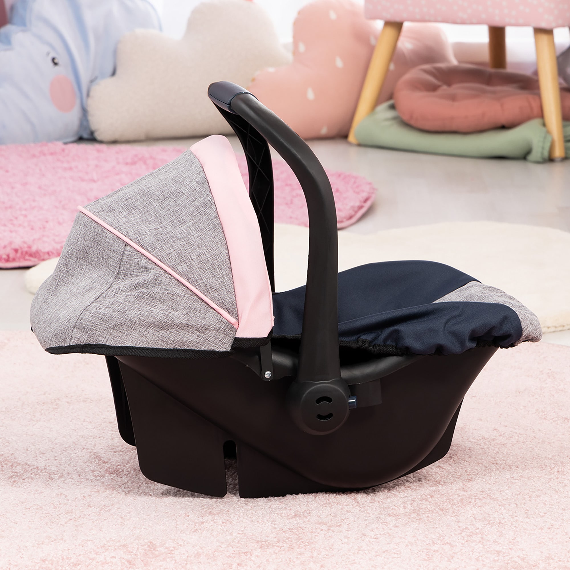 Bayer: Car Seat - Grey, Blue, Pink Butterfly - Fits Dolls Up to 18' Kids Pretend Play, Safety Belt, Sun Canopy, Accessory for -Plush Toys