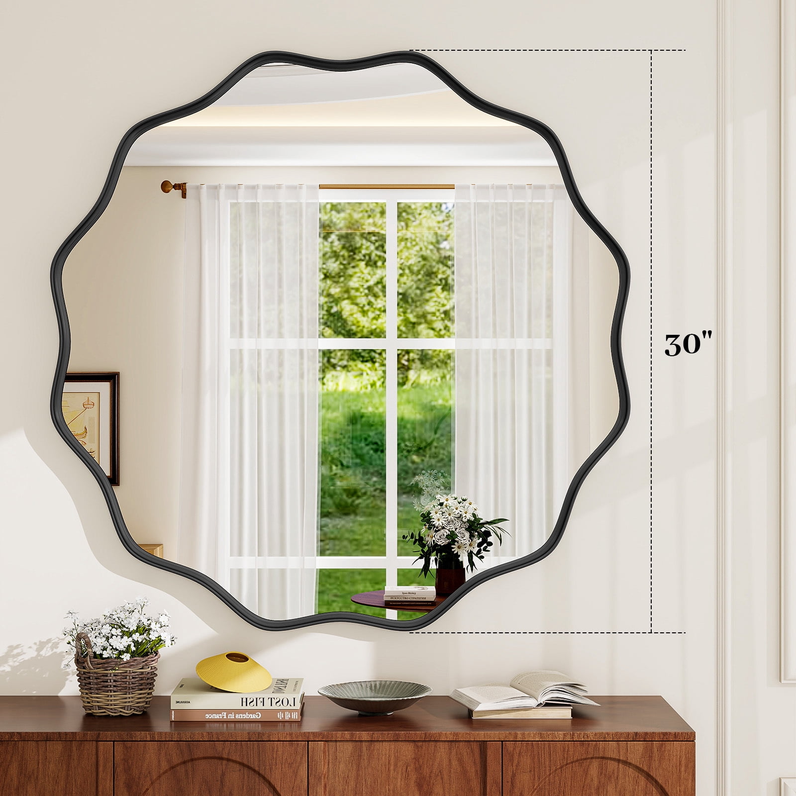 GRAHMCY 30" Wavy Round Bathroom Mirror Decorative Wall Mirror With Deep Frame, Black
