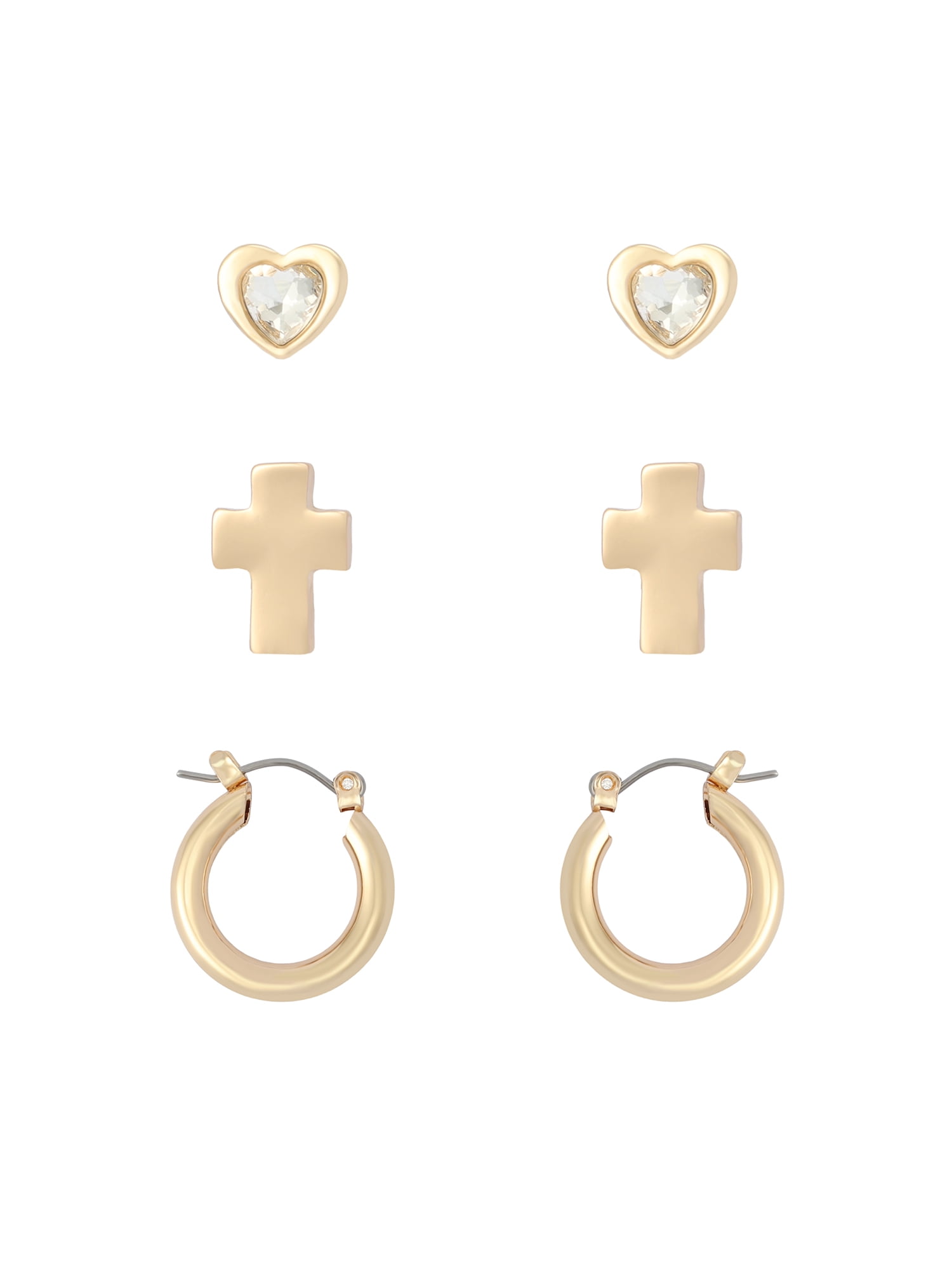 Madden NYC Women's Fashion Gold-Tone Cross Stud & Huggie 3-Piece Earring Set