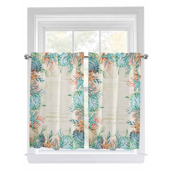 Beige Coastal Bathroom Window Curtain, Summer Nautical Beach Coral Starfish Light Filtering Coffee Kitchen Curtains, Bedroom Living Room Curtains 2 Panel 84"x54"
