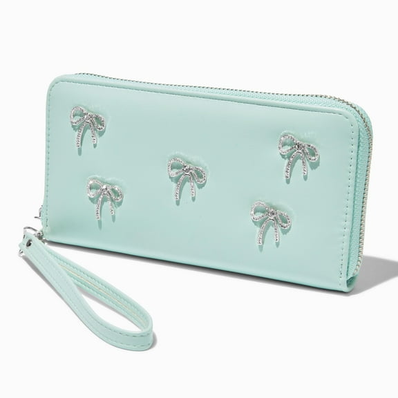 Claire's Mint Green Wristlet Wallet for Women, Compact and Stylish Clutch Purse with Crystal Gemstone Bows, Perfect Blend of Functionality and Fashion, 7.5" X 4"