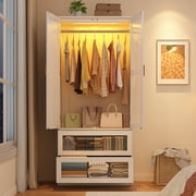 2 Doors Armoire Wardrobe Closet for Bedroom, with Mirror & 2 Drawers & LED Sensor Light, 71 H Wardrobe Closet Cabinet with Hanging Rod, Glass Doors