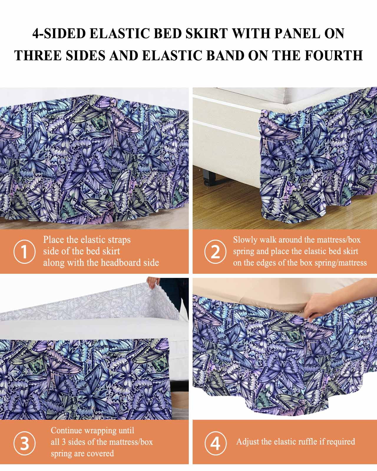 Purple Blue Teal Butterfly Wrap Around Bed Skirts for Queen Bed 16" Drop, Bed Skirt with Adjustable Elastic Belt Dust Ruffle Bed Valance for Bedroom Hotel Luxury Modern Abstract Art Bed Frame Cover