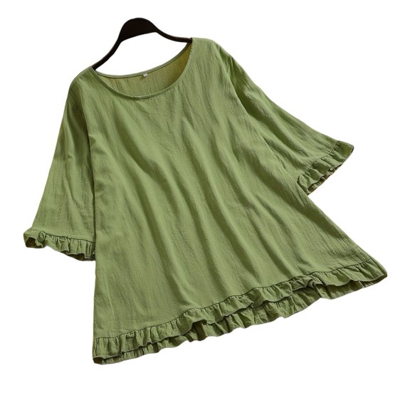 Fheaev Summer Tops For Women 2024 Womens Spring Summer Solid Color Casual Loose Fashion T-Shirt Cotton Linen Ruffles Short Sleeve Round-Neck Tops Blouse