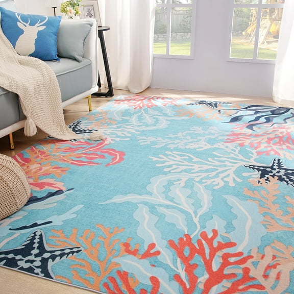 Arogan Coral Ocean Art Rug for Living Room, Bedroom and Children's Room, Blue, 5' x 8'