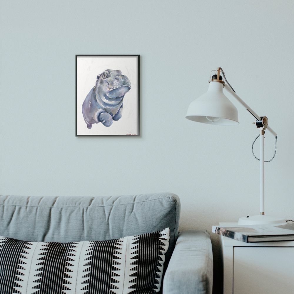 Stupell Industries Baby Hippo Animal Watercolor Painting Framed Giclee Texturized Art by George Dyachenko