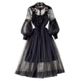 thumbnail image 5 of Quixlent 2 Pcs/Set Women Dress Suit Shirring Floral Embroidery See-through Lace Lantern Sleeves Pleated A-line Elastic Waist Midi Dress Slip Dress Suit, 5 of 8