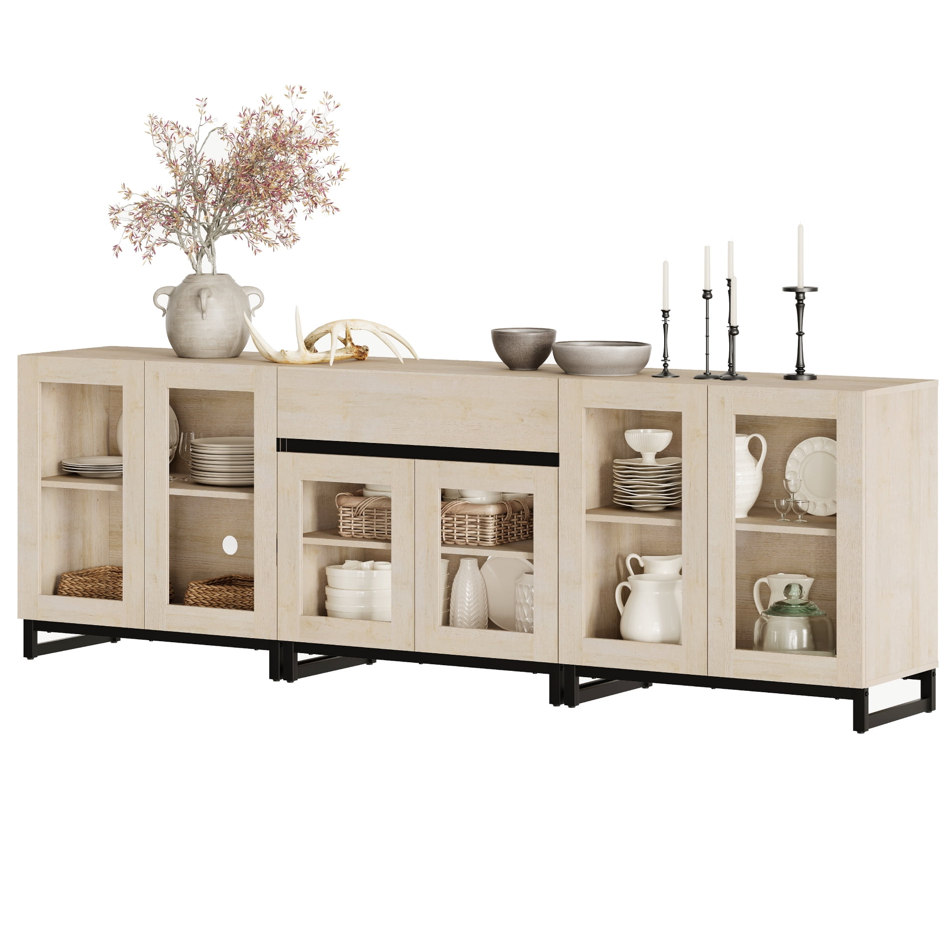 3 In 1 Modern Dresser with Glass Doors, Adjustable Shelves and Drawer, Metal Base Storage Cabinet, Multifunctional Chest Of Drawers for Bedroom Home Storage,Beige