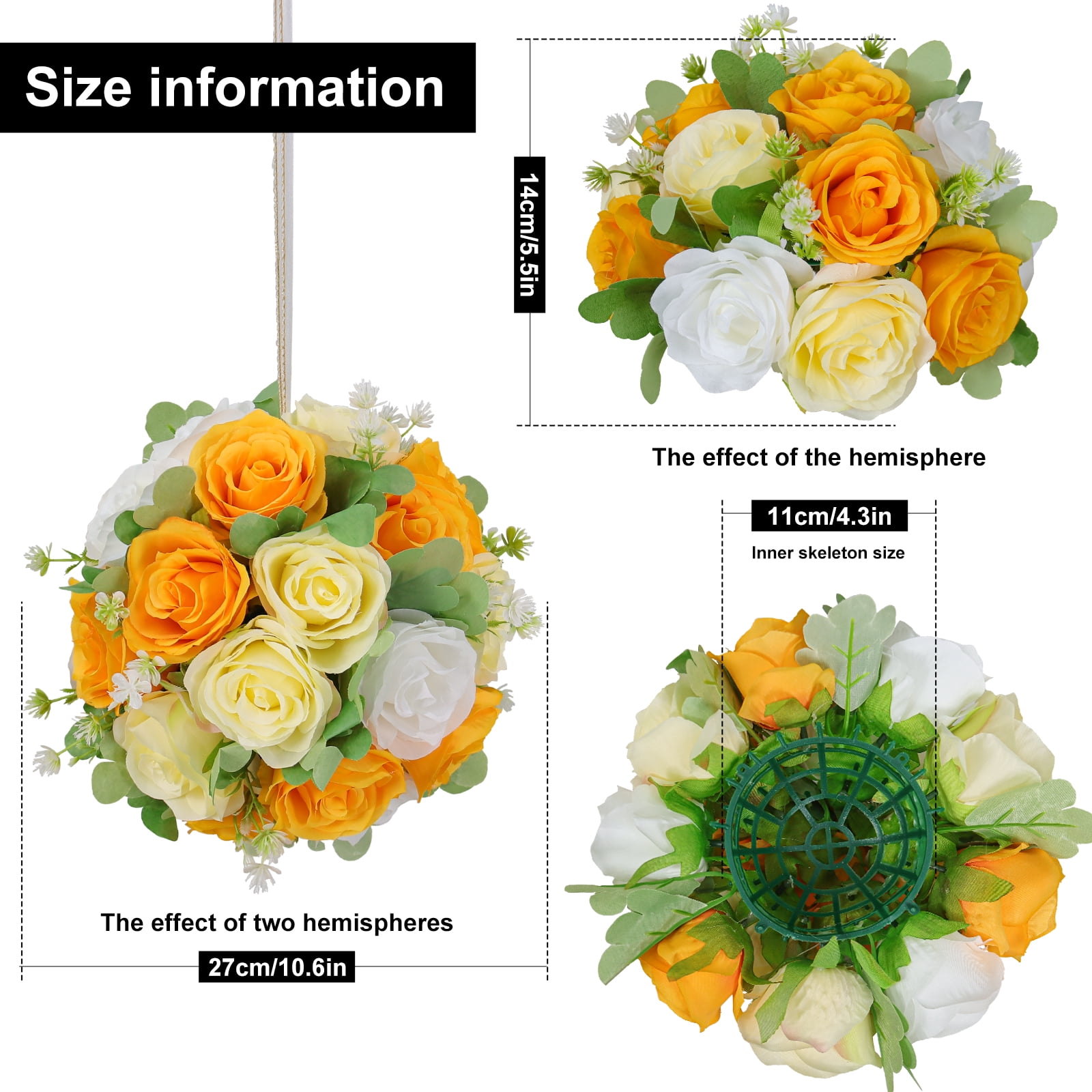 Flower Wedding Centerpieces for Tables -6pcs Artificial Flowers Silk Roses Ball Orange White Fake Kissing Floral Balls 10.6inch for Birthday Chrismas Party