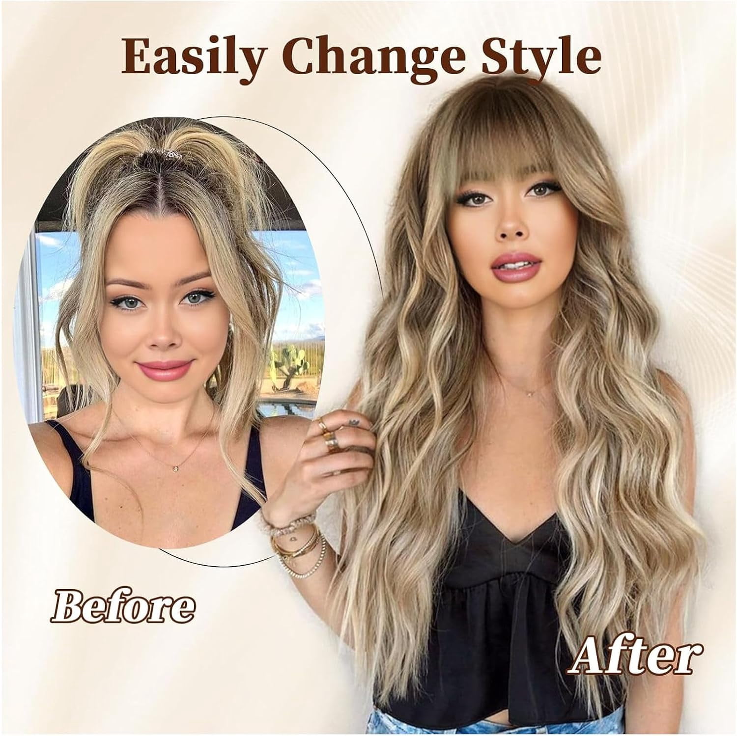 Aorsher Wigs with Bangs Ombre Wig with Dark Root for Women 26 Inches Long Wavy Curly Synthetic Heat Resistant Fiber Dark Brown Mix Blonde Wigs for Daily Party Use