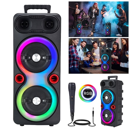 Heavy Bass Portable Bluetooth 5.2 Speaker - 2x6.5" Subwoofer, 7-Mode RGB Party Lights, TWS & Karaoke with Mic, FM/USB/TF/3.5mm for Home Party, Camping & Outdoor Events