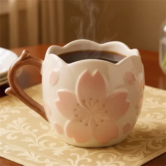 Elegant Flower Mug, Ceramic Floral Design Coffee Mug, Perfect For Daily Use And Gifting, Unique Sakura Pattern Cup For Tea Coffee Lovers, Stylish Home & Office Mug