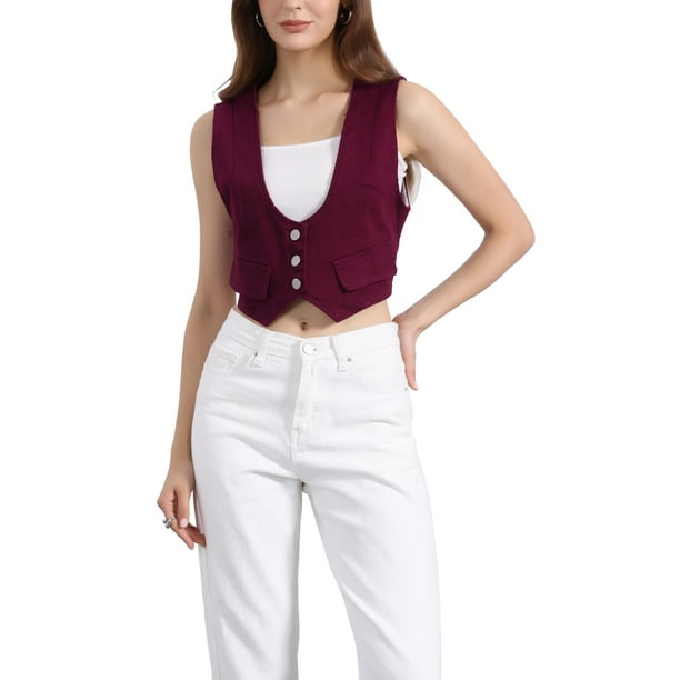 CHALECO CORTO SIN MANGAS DE DENIM PARA MUJER INSPIRADO EN CHIC, CON BOTONES Y CUELLO REDONDO, TALLA XS, ROJO VINO